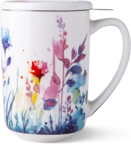 Taza de Té de Porcelana AmorArc con Infusor y Tapas, Taza Grande de 18 Oz con Filtro con Soporte para Bolsa de Té de Hojas Sueltas, Taza para Salvia