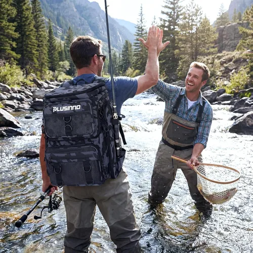 Miniatura 5 de PLUSINNO Mochila de aparejos de pesca con soportes para cañas, 42L resistente al agua bolsa de pesca tienda equipo de pesca, regalos de pescador