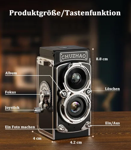 Miniatura 8 de Cámara digital retro de Chuzhao, cámara vintage portátil estilo TLR de doble lente, 12MP con enfoque automático, 1080P FHD, cámara de apuntar