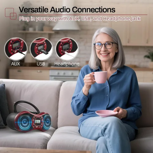 Miniatura 6 de Boombox reproductor de CD portátil para el hogar con radio FM, Bluetooth, reproducción de CD-R/CD-RW/MP3 CDs, control remoto, puerto USB, entrada