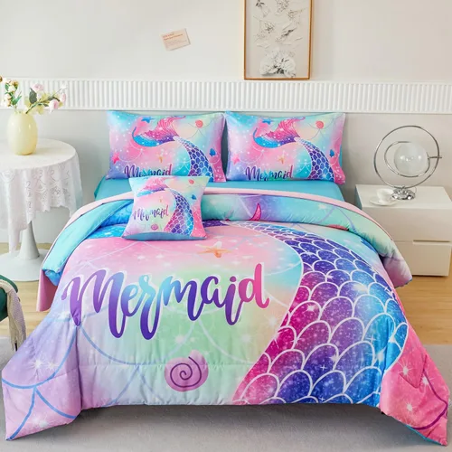 RYNGHIPY Juego de ropa de cama tamaño matrimonial de sirena para niñas, colorido arco iris, juego de edredón con sábanas suaves y ligeras, 6 piezas,