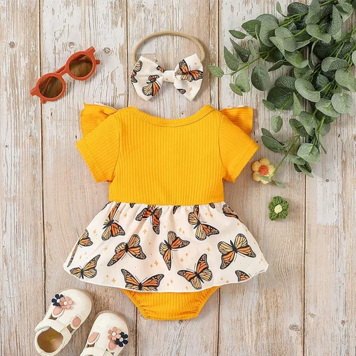 Miniatura 3 de Conjunto de 2 piezas de ropa de verano para bebé recién nacida, manga corta, estampado de mariposas, con tirantes acanalados, diadema