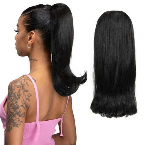 Miniatura 8 de Extensión de cabello corto negro con cordón para mujeres negras, cola de caballo recta de 14 pulgadas con rizos finales, postizos sintéticos