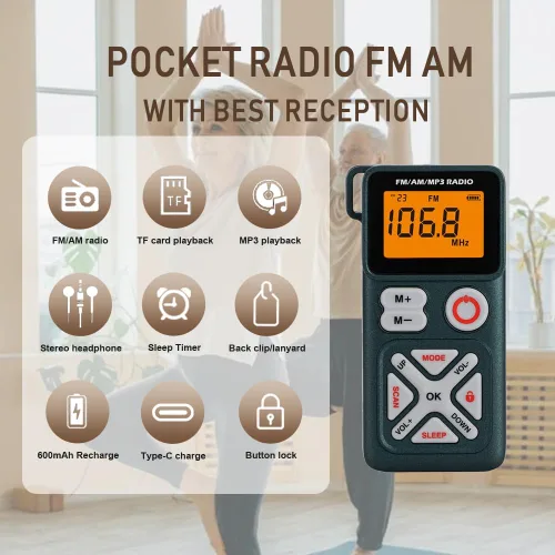 Miniatura 2 de Pocket am FM Radio portátil con auriculares estéreo, mini transistor, sintonización digital con excelente recepción, ranura TF, funciona con batería