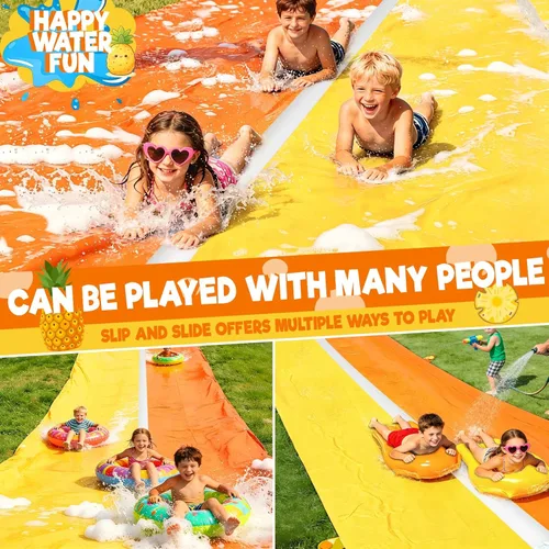 Miniatura 6 de iGeeKid Toboganes de agua de piña con 2 tablas de bodyboards para niños y adultos, juguetes de agua resistentes, aspersores, 2 carriles de carreras