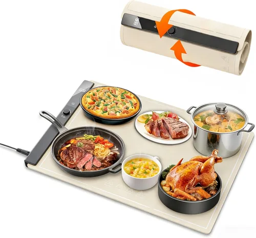 Tapete de calentamiento de alimentos de 24 x 16 pulgadas, bandeja de calentamiento eléctrica con 6 niveles de temperatura ajustable, calentamiento