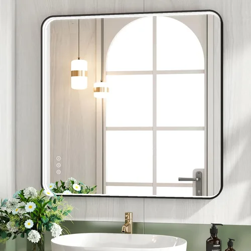 Miniatura 43 de Espejo de baño LED de 24x32 pulgadas con luces, espejo LED con marco de metal negro para baño, 3 colores y luz regulable sin escalones montada