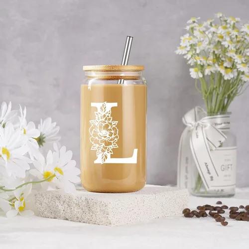 Miniatura 4 de Taza de Vidrio Inicial Coolife, Regalos Personalizados para Mujeres, Tazas de Vidrio de 16 oz con Tapas y Popotes, Vaso para Café Helado, Licuado