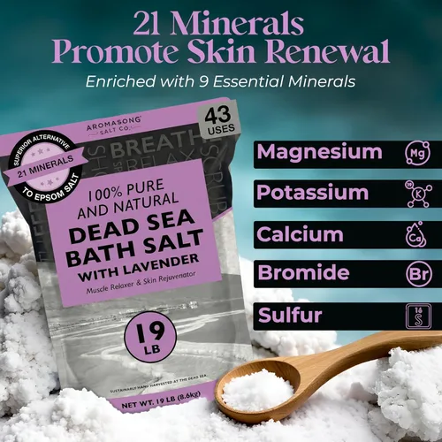 Miniatura 3 de Aromasong Sal pura del mar muerto para remojar con lavanda 100% natural, 19 libras, sal de baño de spa de grano fino, exfoliante de lavado corporal