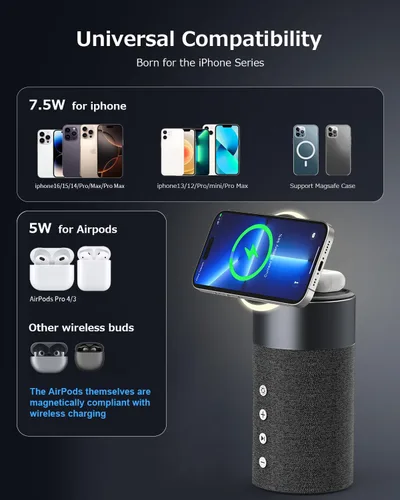 Miniatura 5 de COLSUR Altavoz Bluetooth, cargador inalámbrico magnético, altavoces Bluetooth con luz nocturna, estación de carga inalámbrica 2 en 1 para iPhone
