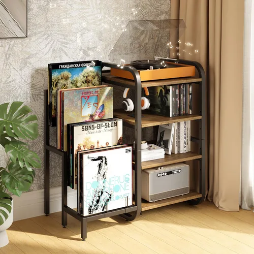 Soporte para tocadiscos, mesa de almacenamiento de discos de vinilo de 4 niveles, soporte ajustable para tocadiscos, estante de vinilo con capacidad