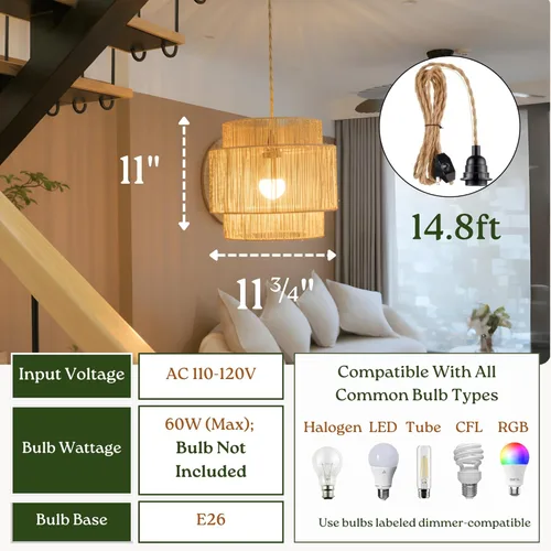 Miniatura 4 de Chi An Home Lámpara colgante de yute bohemio de 11.8 pulgadas con enchufe, lámpara colgante natural tejida a mano con enchufe e interruptor de luz