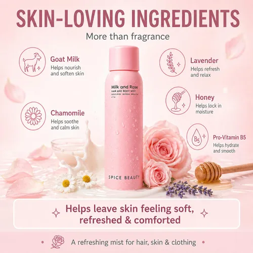 Miniatura 4 de Leche y rosa para el cabello y el cuerpo Spray corporal hidratante y perfume para el cabello con rosa, leche de cabra, manzanilla y lavanda