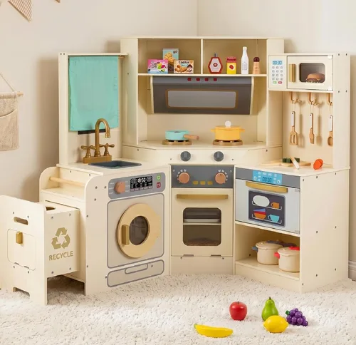 Miniatura 14 de INFANS Cocina esquinera para niños, juego de madera con carrito telescópico, luces realistas, sonidos, máquina de hielo, cajones de tela, horno
