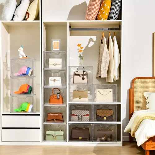 Miniatura 6 de Organizador de bolso para armario, vitrina de acrílico transparente para organizador de bolso, caja de almacenamiento de monedero con puerta