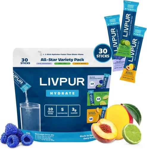 LIVPUR - Mezcla de bebida con electrolitos, polvo de hidratación instantánea con vitamina C, B6, B12 y aminoácidos esenciales, esenciales