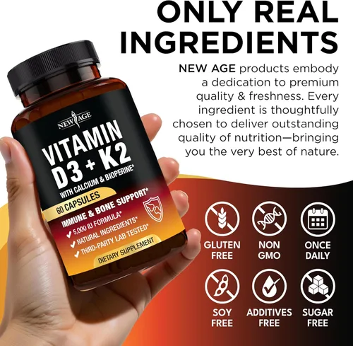 Miniatura 6 de NEW AGE Vitamina D3 5,000 UI + K2 MK-7 100 mcg - 2 en 1 hueso, apoyo inmunológico y cardíaco, fácil de tragar, sin OMG - 120 cápsulas