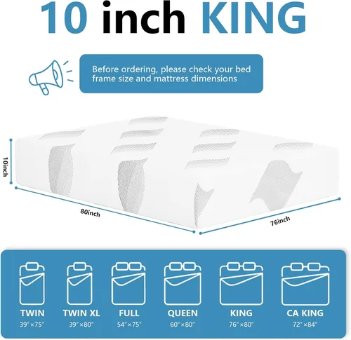 Miniatura 2 de Colchón tamaño King de 10 pulgadas, colchones de espuma viscoelástica de gel refrescante, funda extraíble lavable, colchón King en una caja, firmeza