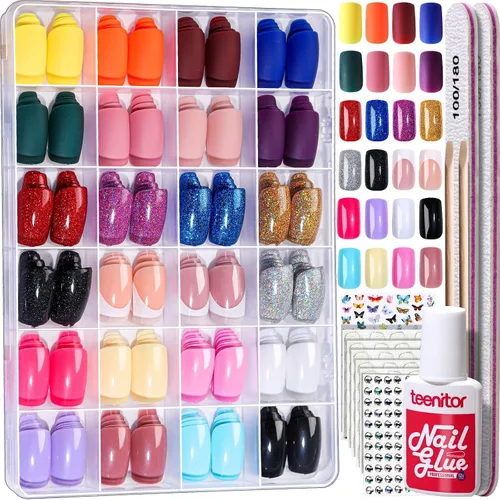 Miniatura 10 de Teenitor 24 paquetes de uñas postizas cortas a presión, 576 piezas de uñas postizas redondas a presión, uñas postizas cortas mate y brillantes