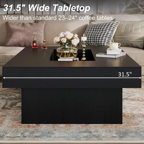 Miniatura 4 de LVB - Mesa de café negra, mesa de sala moderna de madera con LED y almacenamiento, mesa central única de gran tamaño y forma rectangular con luz