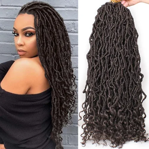 Miniatura 32 de Leeven 7 paquetes de rastas sintéticas con extremos rizados de 18 pulgadas, rastas de diosa preenrolladas para cabello de ganchillo, 84 hebras 1b#
