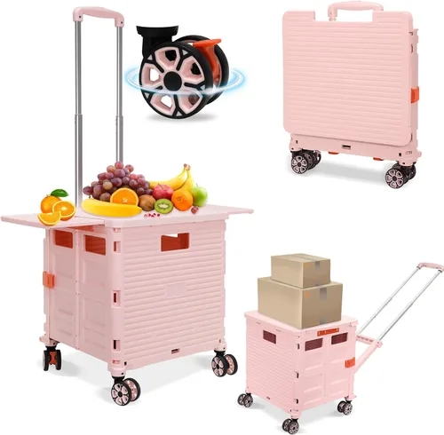 Miniatura 30 de FELICON SELORSS Carro de Utilidad Plegable Carro de Mano Plegable con Mango Telescópico de Plástico Resistente Cesta Plegable de 4 Ruedas Giratorias