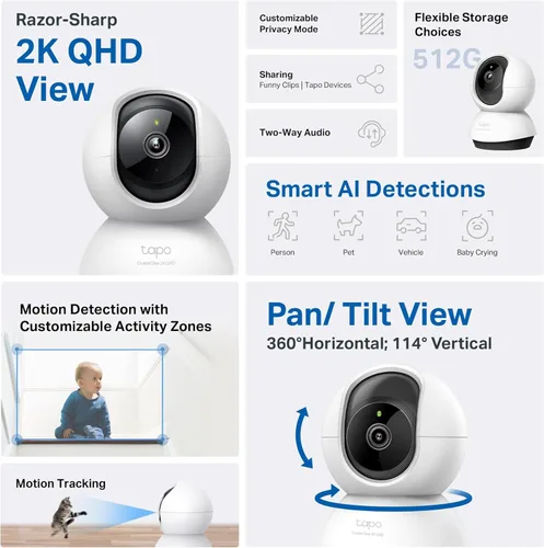 Miniatura 2 de TP-Link Tapo - Cámara de seguridad Pan/Tilt de 2K QHD para cámara de mascotas, monitor de bebé, detección de movimiento, seguimiento de movimiento