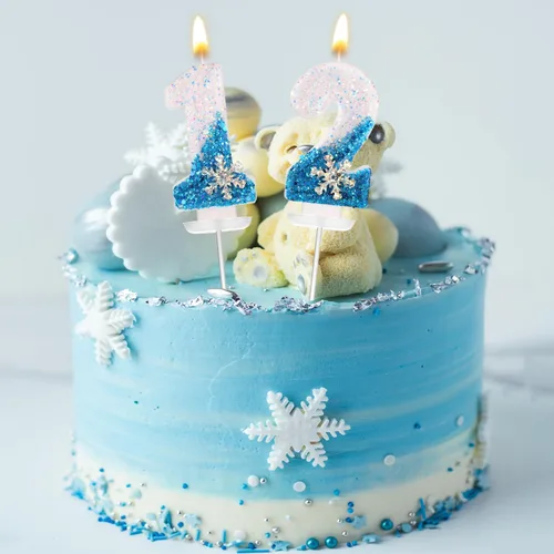 Miniatura 5 de Velas de cumpleaños del 0 al 9, velas de números con purpurina de copo de nieve, decoración de pasteles blancos y azules para niños y adultos