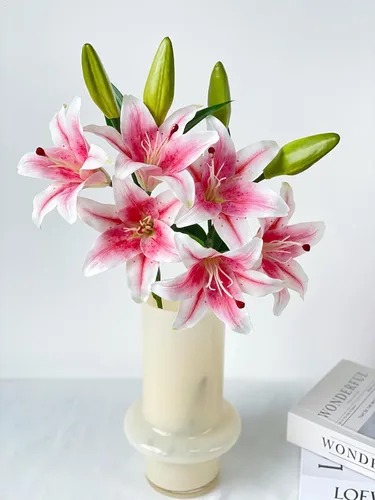 Miniatura 10 de YalzoneMet RUZUQE - 2 flores artificiales de lirio de color rosa profundo de 28 pulgadas, lirios falsos de tacto real, 3 cabezales, flora sintética