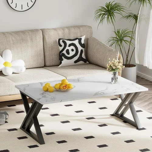 Miniatura 2 de Wolawu Mesa de Café Blanca para Sala de Estar, Mesa Central, Mesa de Té Rectangular Moderna y Simple de Falso Mármol con Estructura de Metal Negro