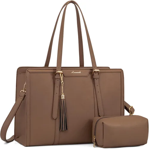 Miniatura 25 de LOVEVOOK Bolsa para laptop para mujer, bolsa de lona ligera de 15.6 pulgadas, bolsa grande para computadora, con bolso de mano, para negocios, Beige