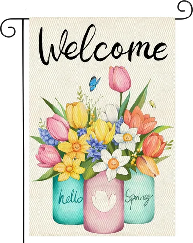 Bandera de jardín floral de bienvenida de 12 x 18 pulgadas, vertical, de doble cara, flores coloridas, vacaciones, granja, decoración exterior,