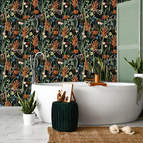 Miniatura 5 de VEELIKE Papel tapiz floral negro para despegar y pegar, papel de contacto floral seco silvestre para armarios, cajones, paredes, 17.7 x 354