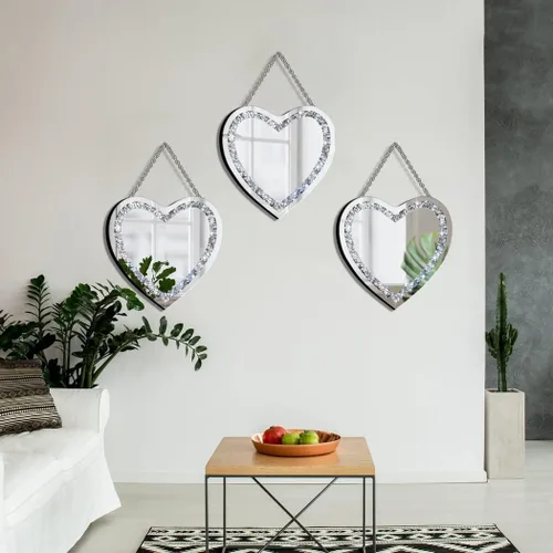 Miniatura 5 de DMDFIRST Espejo de plata con forma de corazón de diamante de cristal con cadena de acero inoxidable plateado para decoración de pared, 12 x 12 x 0.5