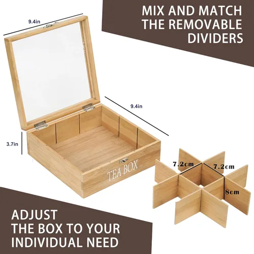 Miniatura 5 de Caja de té, almacenamiento de bolsas de té, organizador de bolsas de té de bambú, baúl moderno con 9 compartimentos y cubierta transparente