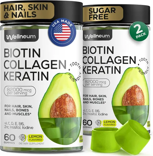 Biotina para el crecimiento del cabello mujeres/hombres, 12000 mcg, gomitas de apoyo para la piel y las uñas + 70000 mcg de péptidos de colágeno