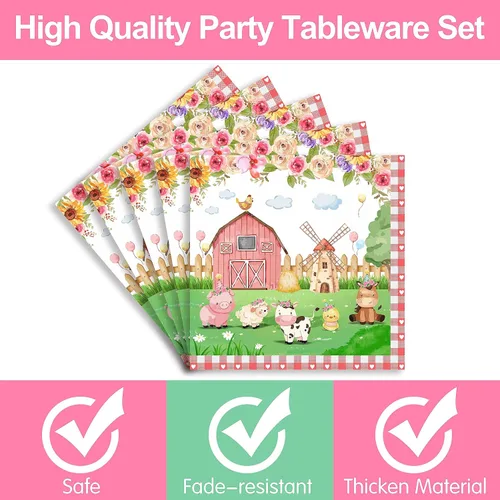 Miniatura 4 de Juego de 168 platos para fiesta de cumpleaños de granja, decoraciones de fiesta de animales de granja para niñas, incluye platos de vaca, vasos