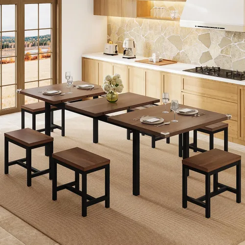 Miniatura 11 de Einhomn Juego de Mesa de Comedor de 5 Piezas para 4-6, Mesa de Cocina Extensible de 63" con 2 Bancos y 2 Taburetes, Estructura de Metal y Tablero