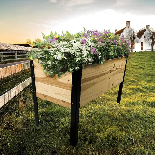 Miniatura 3 de Maceta elevada de madera con patas de acero, kit de cama de jardín para patio al aire libre para cultivar verduras, madera natural resistente a