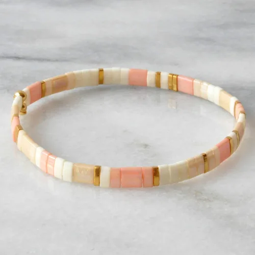 Miniatura 4 de Pulsera elástica con cuentas de azulejos de 7 pulgadas color crema rubor y oro beige