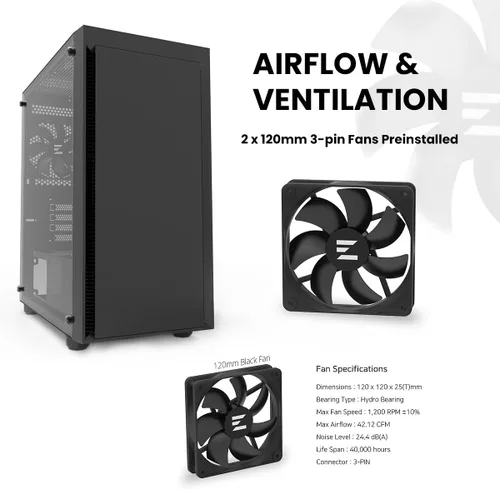Miniatura 6 de Zalman Funda para PC T3 Micro-ATX MATX, incluye 2 ventiladores no RGB de 4.724 in, panel lateral de vidrio templado completo, USB 3.0, compatible