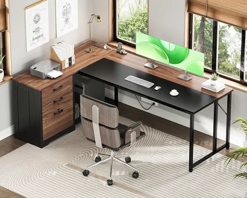 Miniatura 3 de AODK Escritorio de oficina en forma de L de 61 pulgadas con cajones de madera y archivador con cerradura, escritorio de esquina reversible de 21.7