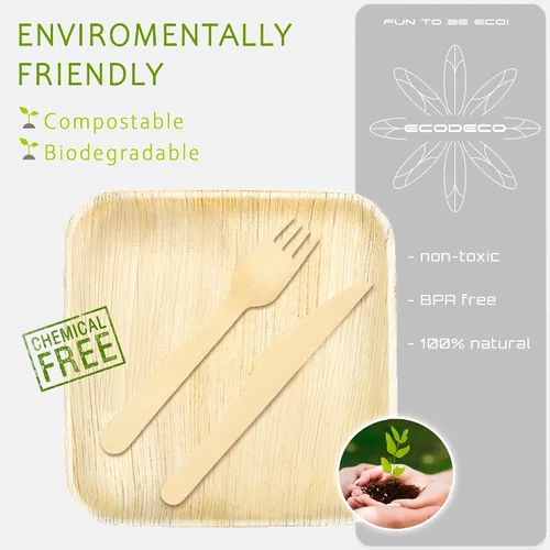 Miniatura 6 de ECODECO Platos de hoja de palmera – 50 piezas cuadrados de 8 pulgadas – Platos desechables como bambú para fiesta con cubiertos