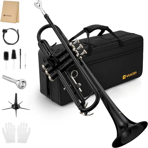 Vangoa Bb Trompeta de latón estándar negro instrumento de trompeta para estudiantes, orquesta de banda escolar, adultos, niños, principiantes, con