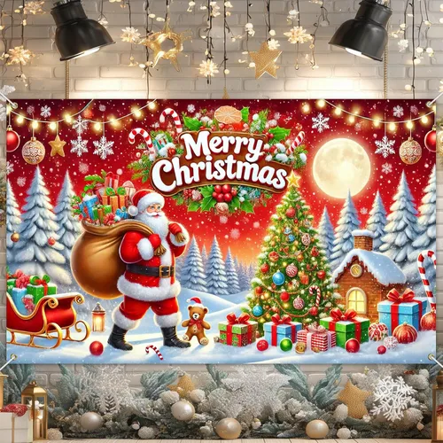 HOMETITUTE Cartel de Navidad de 71 x 43 pulgadas, telón de fondo rojo de Papá Noel con árbol de regalo, decoración de nieve en trineo para