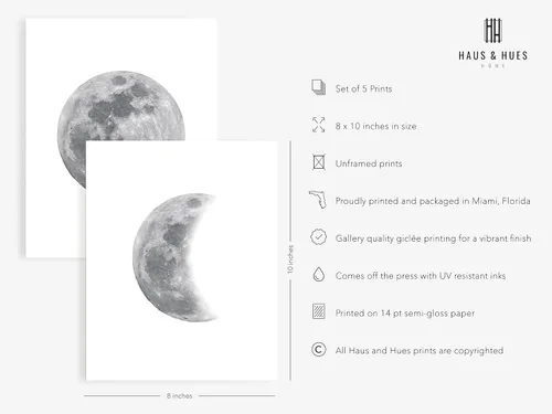 Miniatura 2 de HAUS AND HUES Fases de la Luna - Decoración de pared – Juego de 5 impresiones artísticas de fases lunares, carteles celestiales, 8 x 10 pulgadas sin