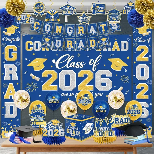 Miniatura 3 de Decoraciones de graduación de la clase de 2026, decoraciones de graduación azul y dorado con pancarta de felicitaciones, telón de fondo, letrero