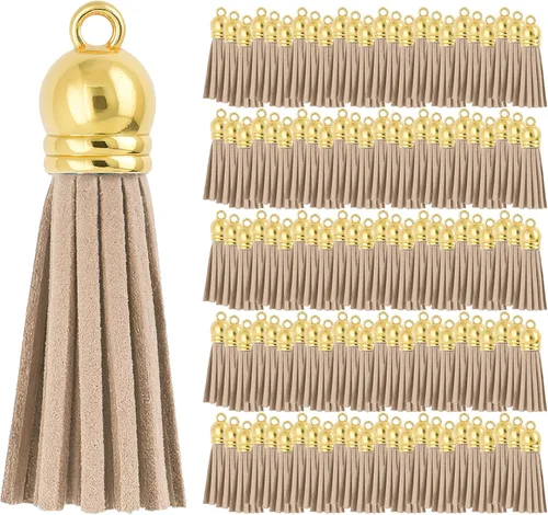 Miniatura 23 de Mandala Crafts 100 borlas de gamuza sintética color aguamarina con tapa dorada, suministros para hacer llaveros a granel, pequeñas borlas de cuero