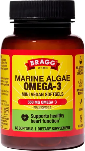 Bragg Cápsulas de suplemento Omega-3 con DHA y EPA - 60 cápsulas blandas veganas - Algas marinas de origen sostenible - Apoya la salud ocular y