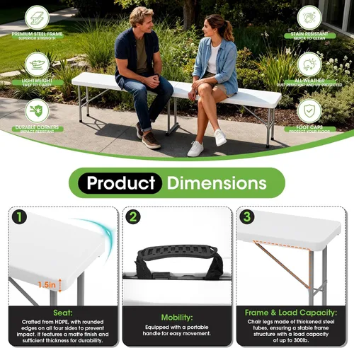 Miniatura 4 de HLPB Banco plegable de 6 pies, banco de plástico plegable con asa y mesa de polietileno de alta densidad suave, asiento de picnic portátil